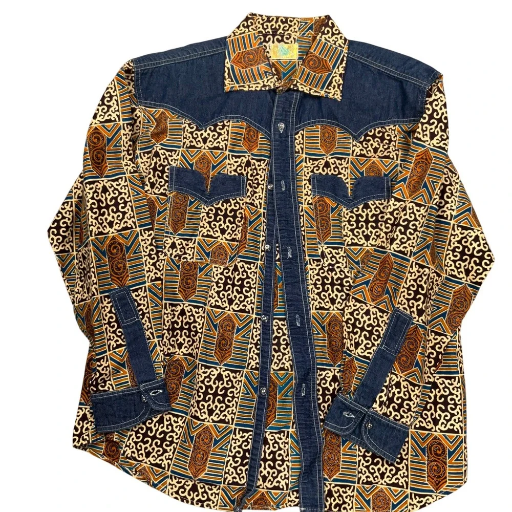 Unity Shirt Mens Small Blue Orange Western Snap Tribal Wax Print Geometric Denim